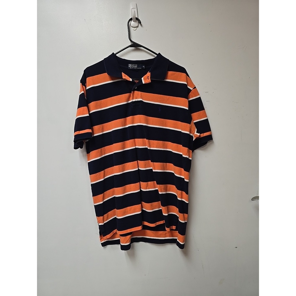 Polo Ralph Lauren Men's XL Shirt Striped Navy Blue Orange White Cotton Polo Pony